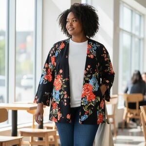 ROBIN ARTIZAN (1X) Floral Black Kimono Blazer Vibrant Lightweight Stretch NWT